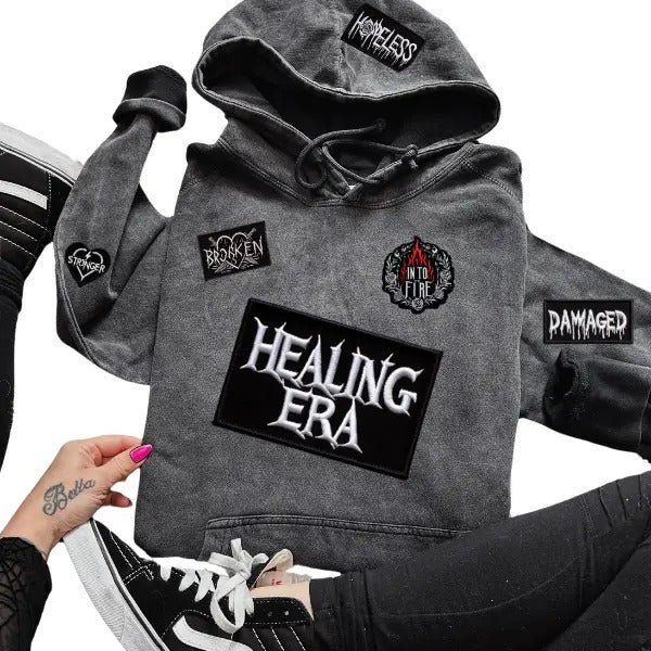 Faux Patch "Healing Era, Hopeless, Damaged, Broken, Stronger, Into the Fire" Goth-Inspired Hoodie | Menswear & Womenswear | Mental Health Pullover