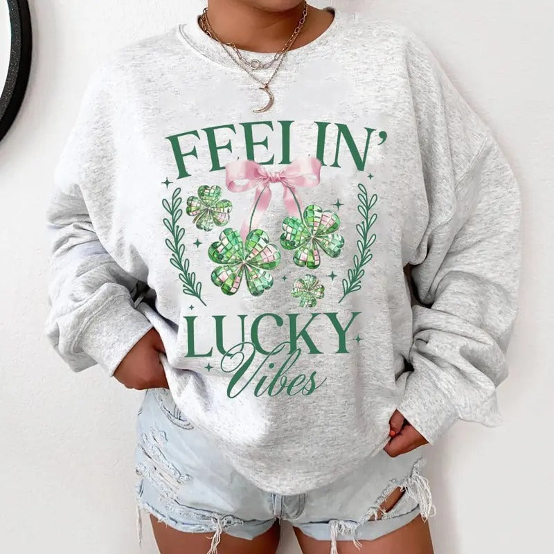 Feeling Lucky Vibes Sweatshirt, Coquette St Patrick's Day T-Shirt, Coquette Bow St Patty Tee Shirt, Lucky Charm Shirt, St...