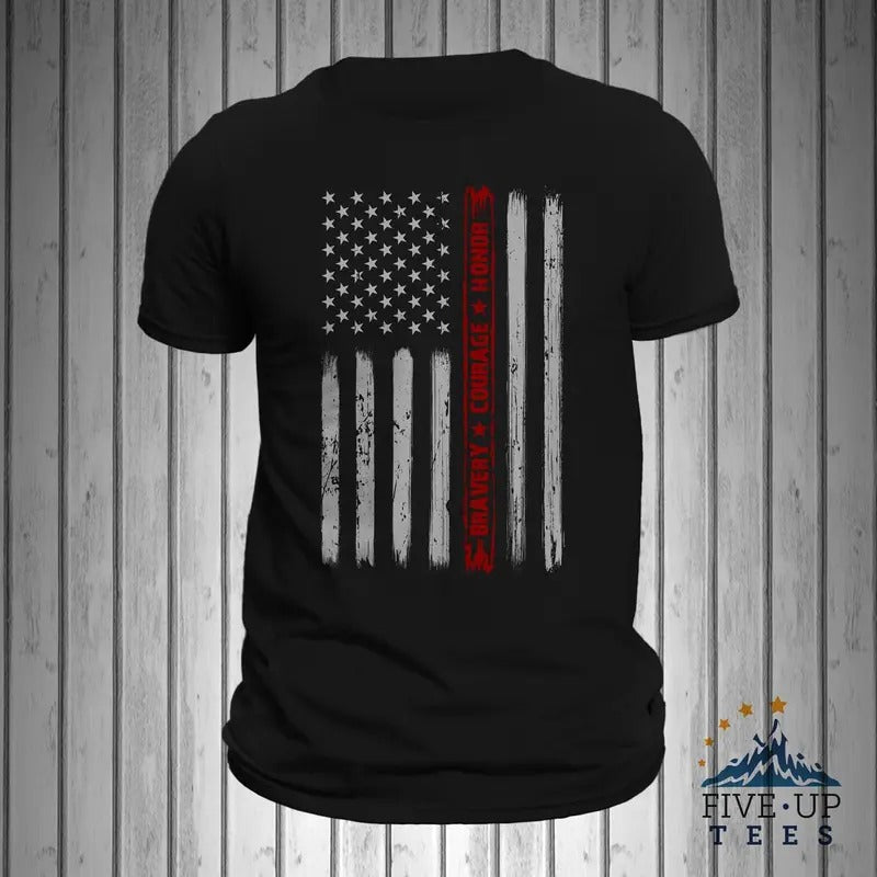 Firefighter Bravery Courage Honor Thin Red Line Vertical Flag Men's T-Shirt Casual Crewneck Hoodie, Sweatshirt