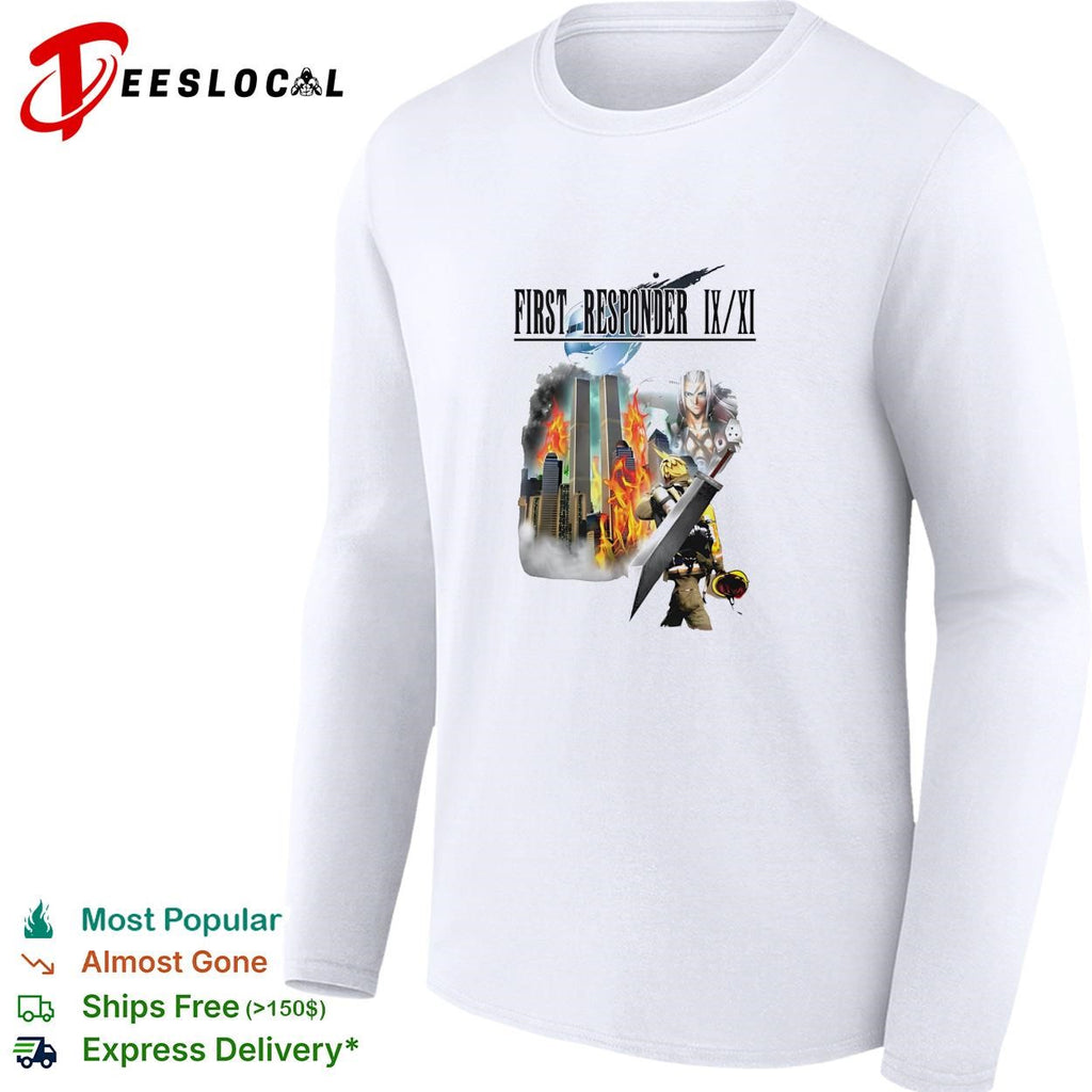 Firefighter holding sword first responder 9 11 twin towers tribute shirt