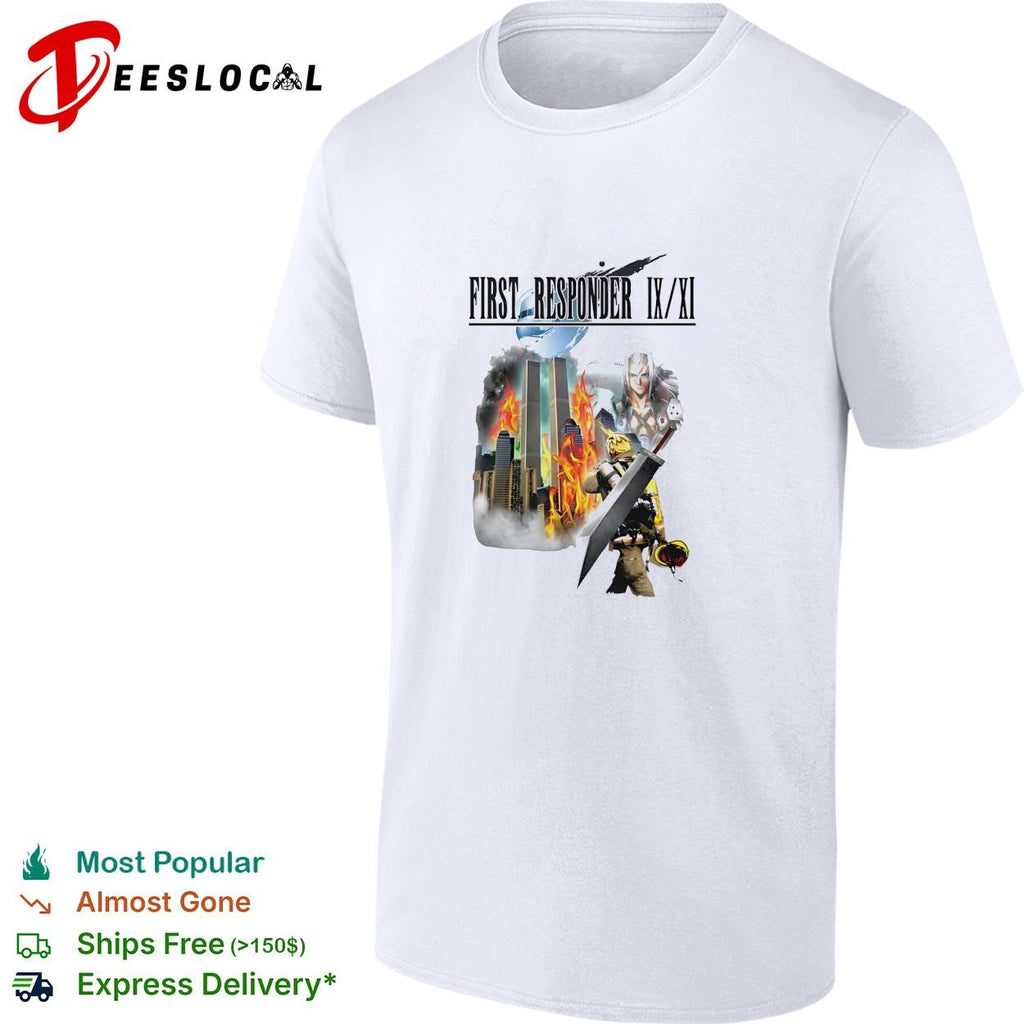 Firefighter holding sword first responder 9 11 twin towers tribute shirt