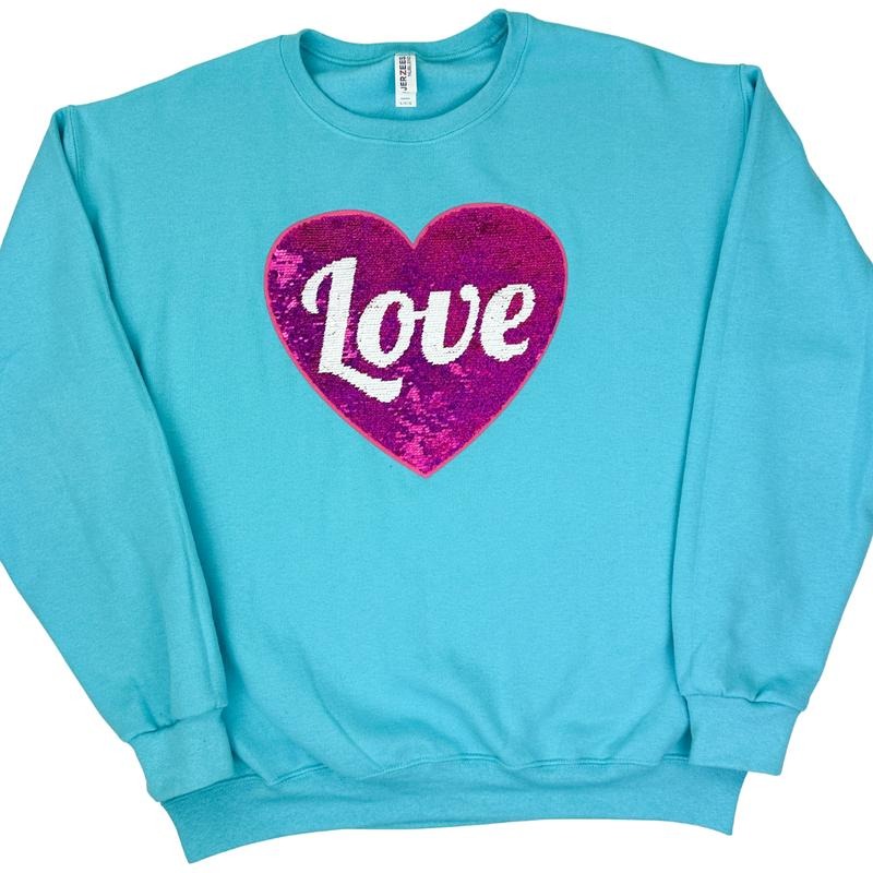 Flip Sequin Heart Patch Sweatshirt -- SCUBA BLUE T-Shirts, Hoodie | CiraTrend.com