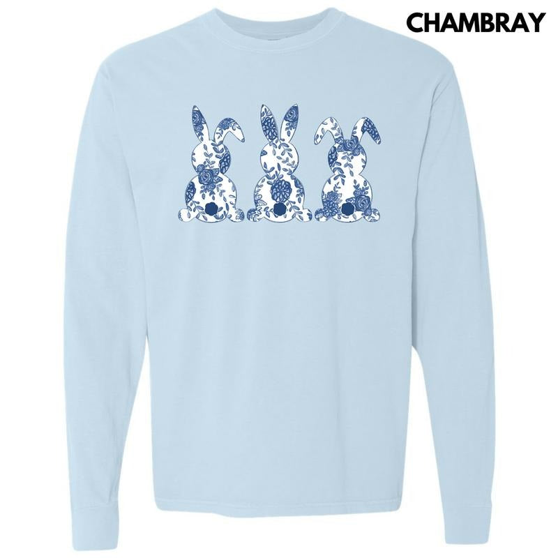 Floral Blue Bunny Trio Long Sleeve Comfort Colors T-Shirt 'NLB' Hoodie, Sweatshirt | CiraTrend.com