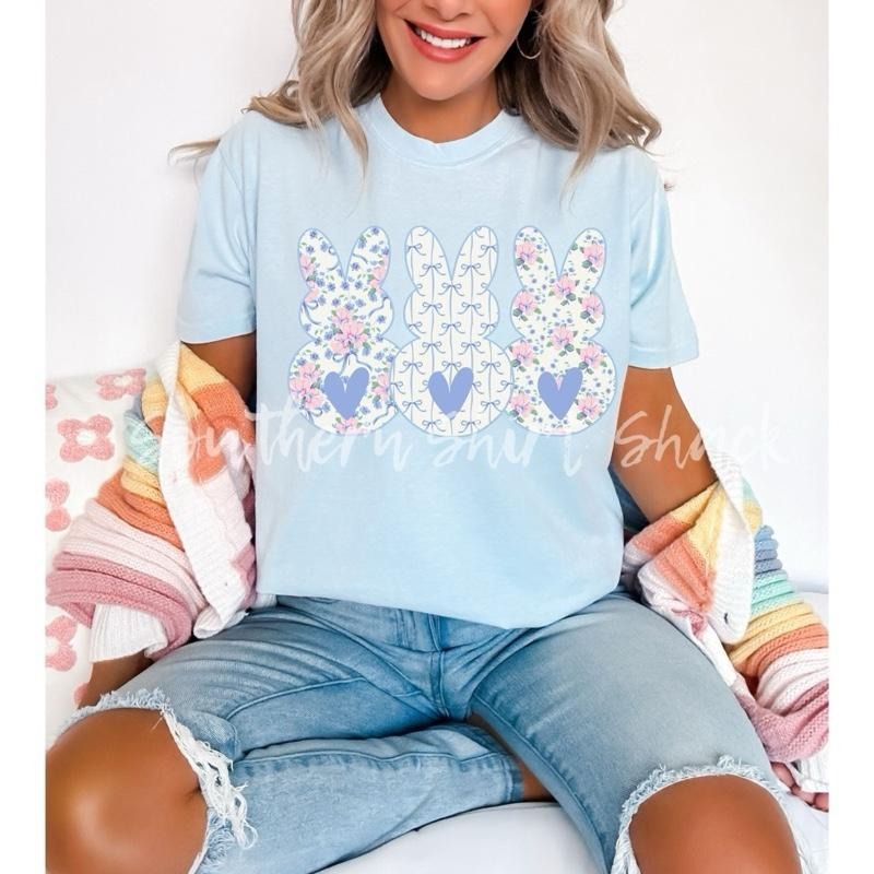 Floral Bunny Trio T shirt  | Light Blue comfort colors t shirt | Easter T shirt Hoodie, Sweatshirt | CiraTrend.com
