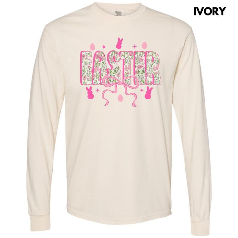 Floral Easter Pink Coquette Long Sleeve Comfort Colors T-Shirt Hoodie, Sweatshirt | CiraTrend.com