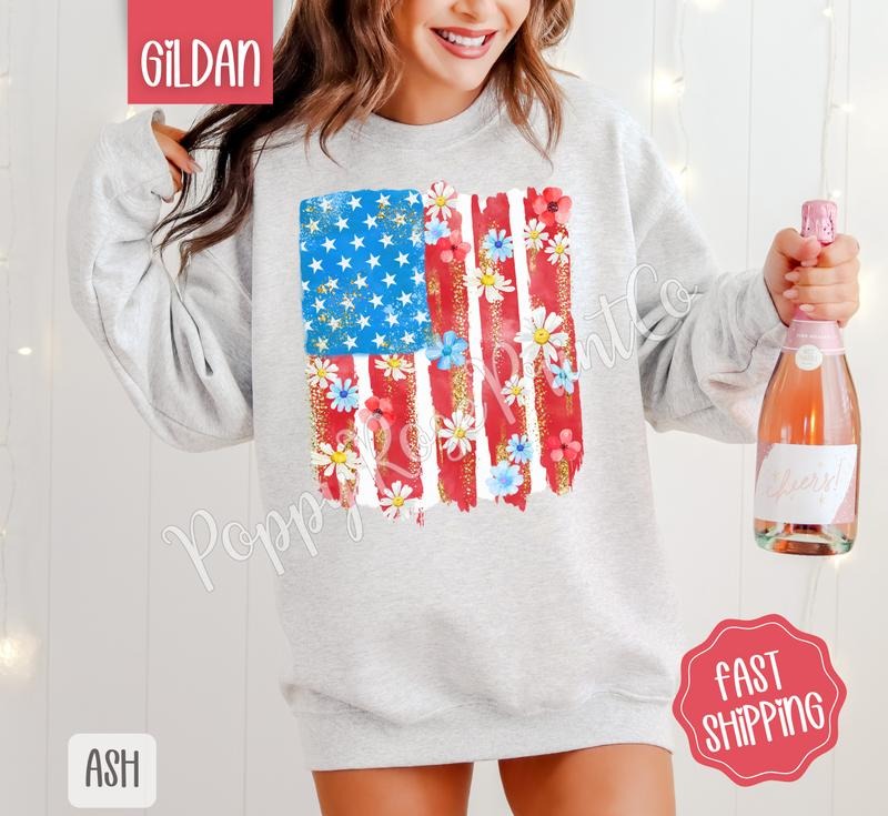 Floral Flag Sweatshirt, Cute Patriotic Sweater, Women's Crewneck, Gift for Her T-Shirts, Hoodie | CiraTrend.com