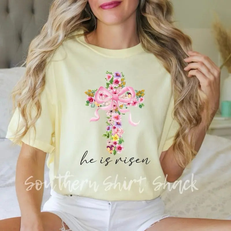 Floral cross He is Risen | Easter T shirt |  yellow  comfort colors t shirt Hoodie, Sweatshirt | CiraTrend.com