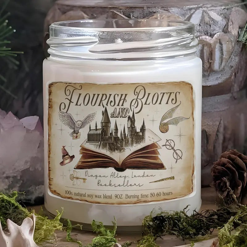 Flourish and Blotts Candle, Wizard Candle, Wizard School Book Shop Candle, Magical Castle, Book Lover Gift, Gift for Fan,...