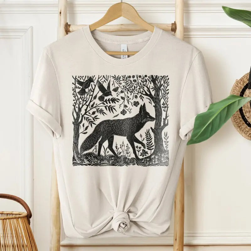 Folklore Forest Fox Lino Print Shirt - Folk Art Linocut Fox T-Shirt Hoodie, Sweatshirt | CiraTrend.com