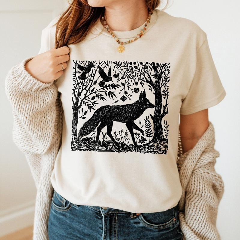 Folklore Forest Fox T Shirt Hoodie Sweater Folk Art Fox T-shirt Cottagecore Aesthetic Tee Vintage Forestcore Sweatshirt...