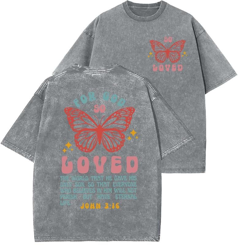 For God So Loved Unisex Washed T-Shirt, Christian t shirts, Vintage 90s Graphic Tee, Gift Top Womenswear Cotton Mineral...