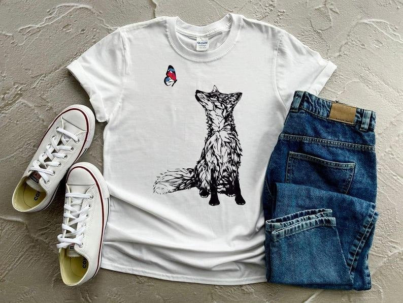 Fox and Butterfly Shirt, Pure Cotton, Nature Top, Hand Drawn Graphic Tee, Fitted Shirts for Women, Fox and Butterfly...