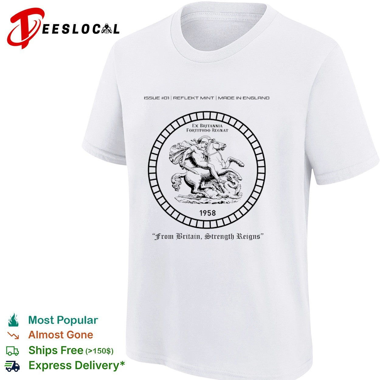 From Britain Strength Reigns sovereign 1958 knight horse graphic shirt