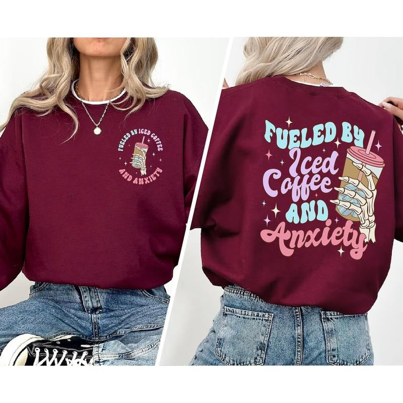 Fueled By Iced Coffee And Anxiety Shirt Mom Iced Coffee Tshirticed Coffee And Anxiety T-shirttrendy Anxiety Teemama Anxiety Shirt Tshirtstyle{n002}2