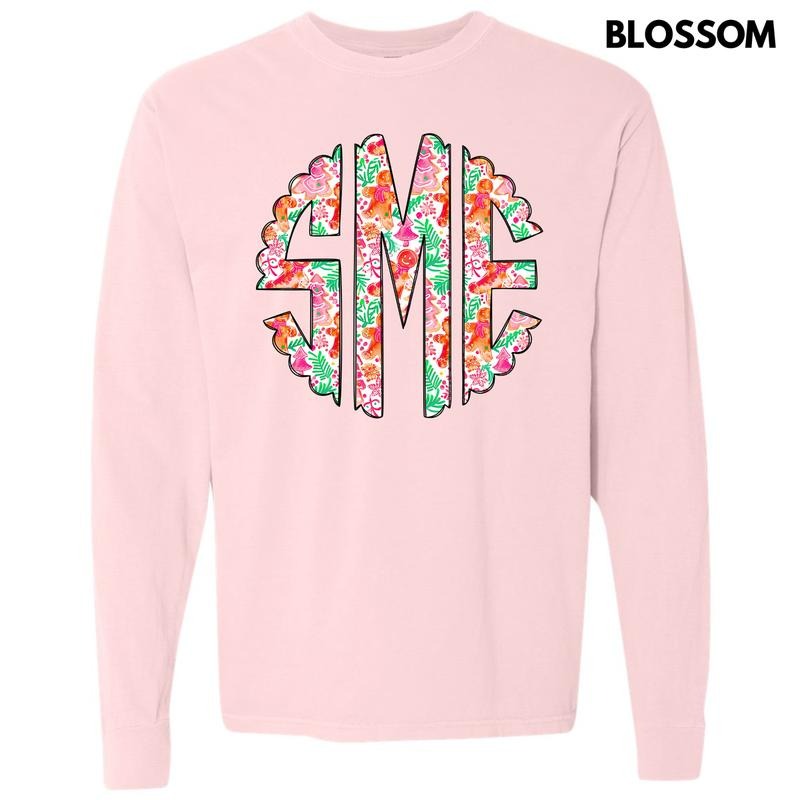 Fun Gingerbread Christmas Monogram Long Sleeve Comfort Colors T-Shirt 'NLB' Hoodie, Sweatshirt | CiraTrend.com