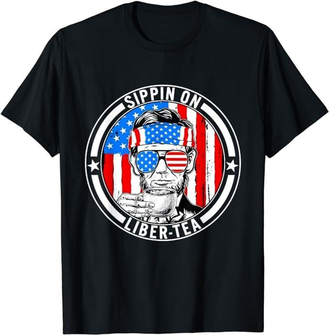 Funny 4th of July Shirts For Men, Sippin On Liber-Tea Liberty USA Flag T-Shirt Menswear Top Casual Cotton Hoodie, Sweatshirt