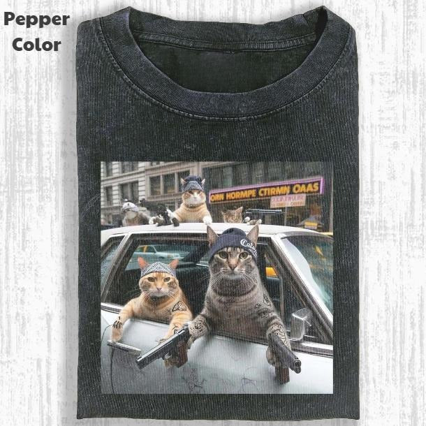 Funny Animal Vintage Graphic Tee, Outlaw Cat With Gun T-Shirt, Animal Shirt, Unisex Meme Cringe Funny Shirt, Menswear...