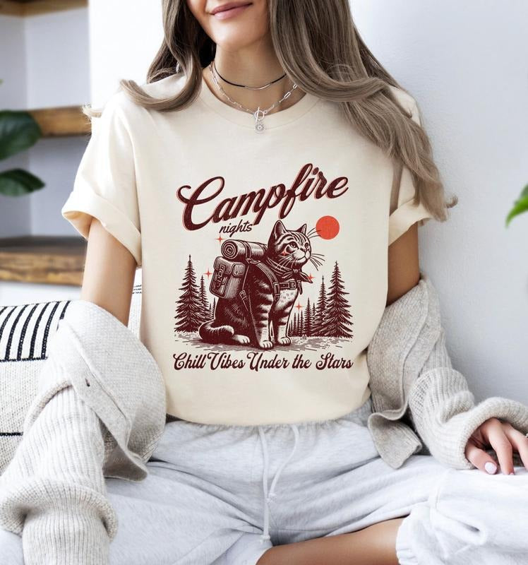 Funny Camping Cats Shirt, Campfire Nights Shirt, Gift For Mom, Gift For Girl, Vacation Camp Shirt, Holiday Camp Shirt,...
