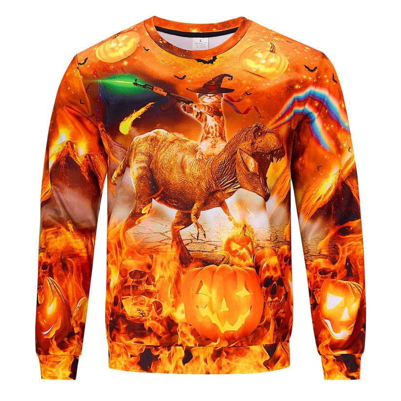 Funny Cat Riding Dinosaur Halloween Hoodie