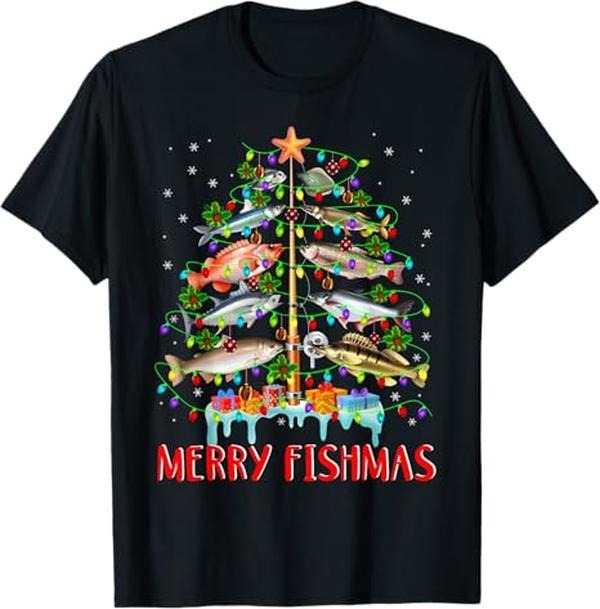 Funny Christmas Shirts, Merry Fishmas Funny Christmas Tree Lights Fish Fishing Rod T-Shirt