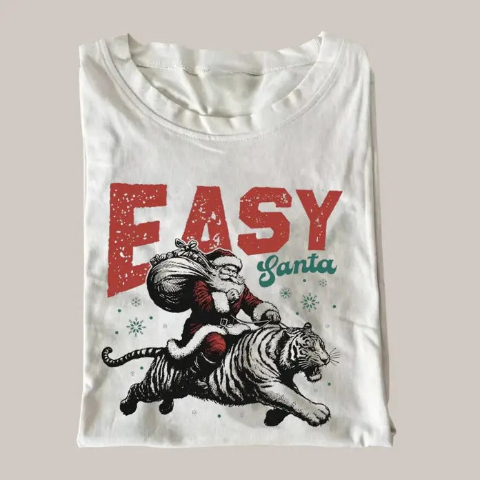 Funny Christmas Vintage Tee, Easy Tiger Christmas Santa T-Shirt, Graphic Tee, Meme Cringe Funny Dumb Shirt, Menswear...