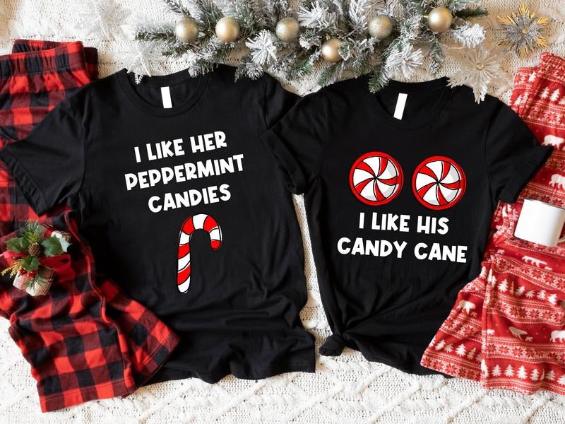 Funny Couples Christmas Shirts, I Like Her Peppermint Candies, I Like His Candy Cane Shirt, Wife Husband X-mas Party Tee,...
