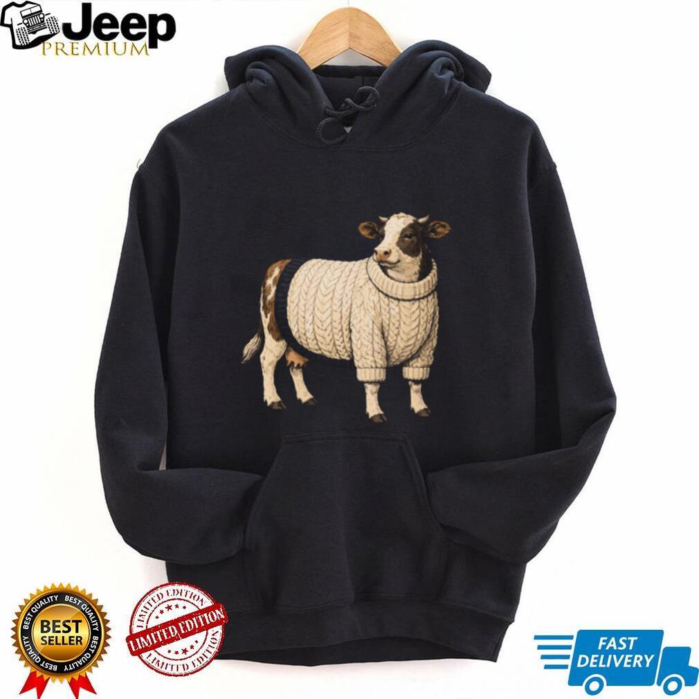 Funny Cow Wearing White Chunky Knit Sweater T Shirt