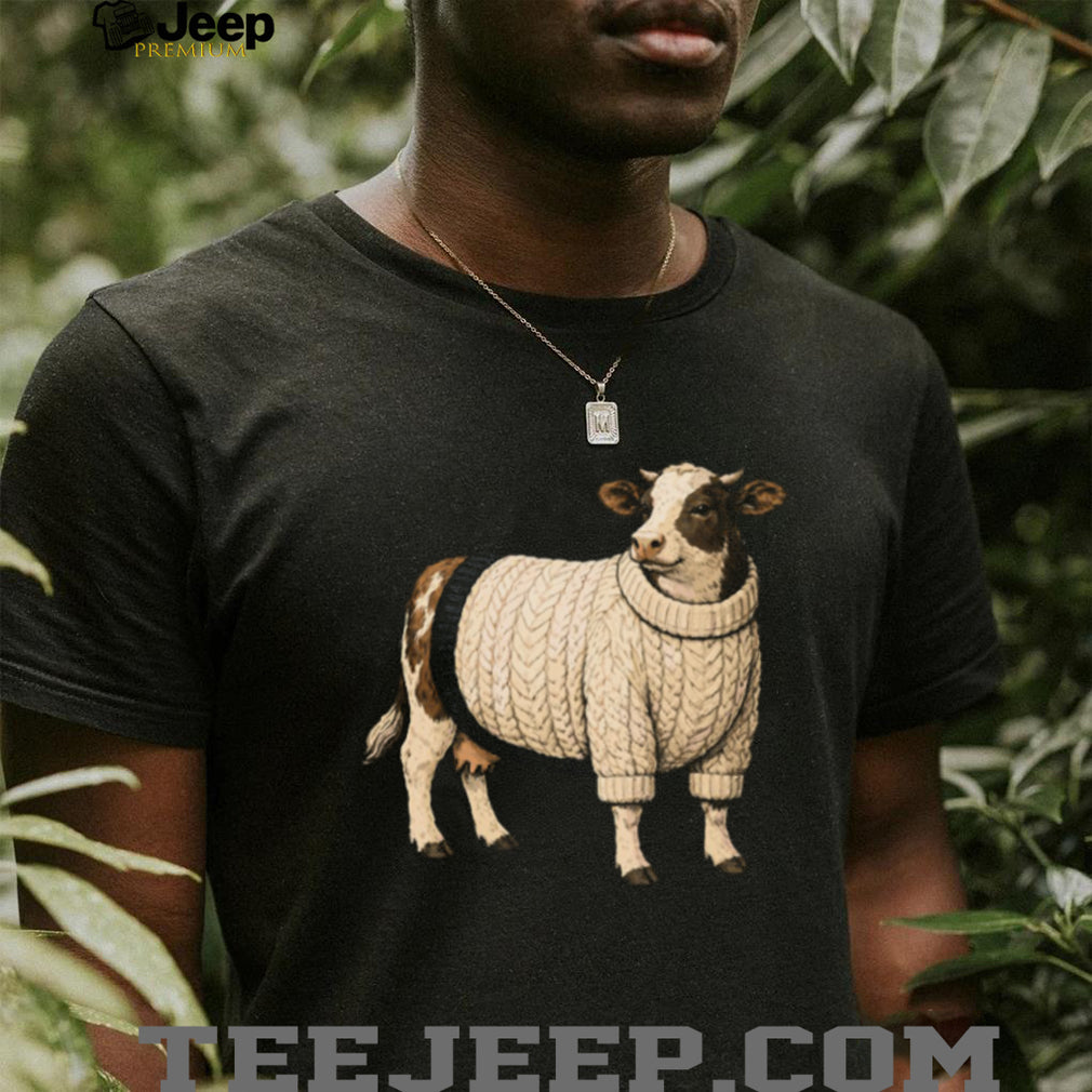 Funny Cow Wearing White Chunky Knit Sweater T Shirt