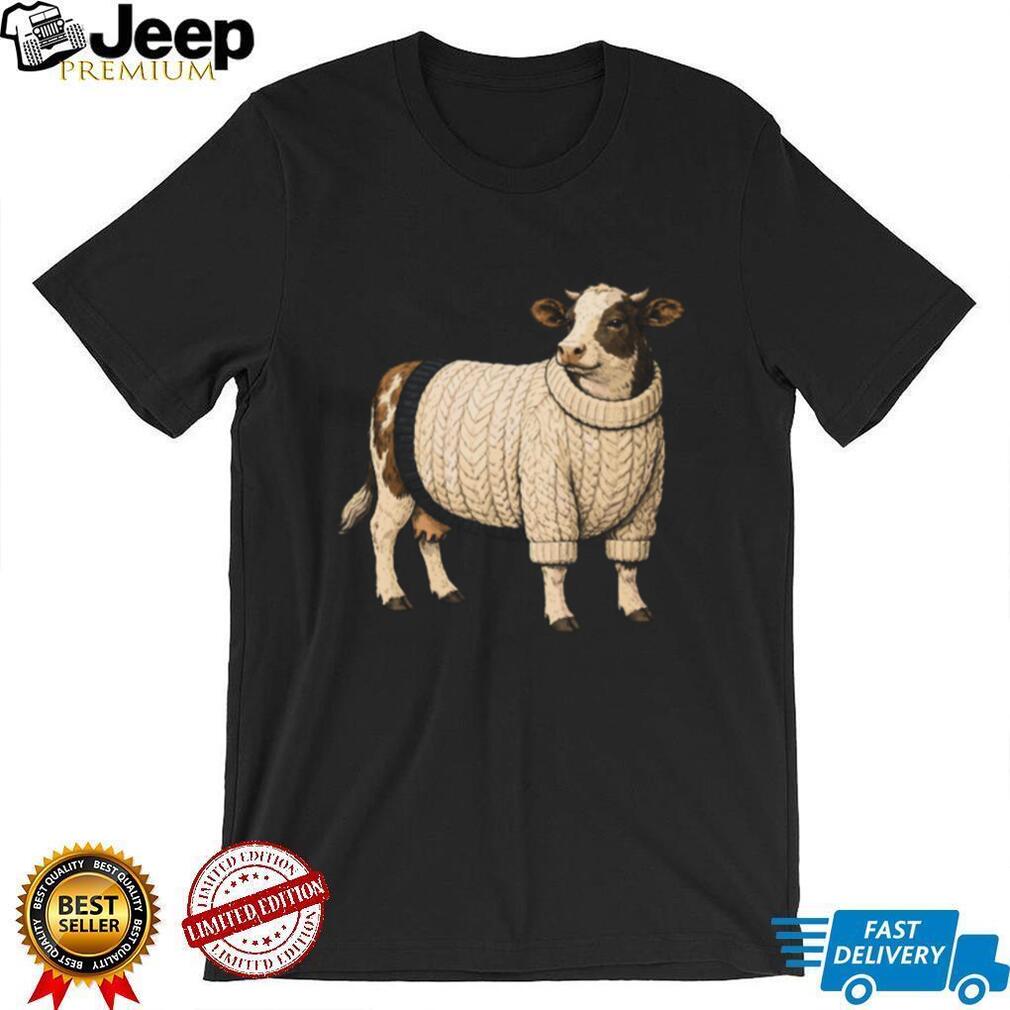 Funny Cow Wearing White Chunky Knit Sweater T Shirt