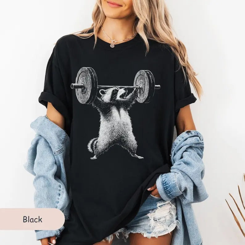 Funny Deadlift Raccoon Meme Oversized Tshirt, gym pump cover, workout t-shirt, trash panda tees,raccoon lover gift Top Womenswear