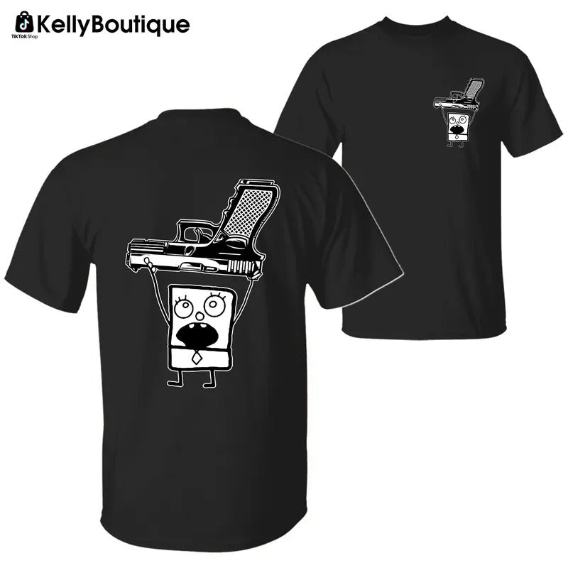 Funny Doodlebob Holding a Glock 2 Sided Graphic Printed Unisex Classic Cotton T-shirt Sweatshirt Hoodie | CiraTrend.com