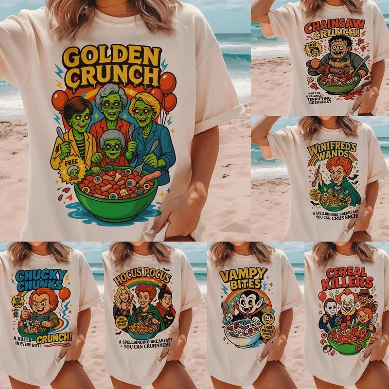 Funny Halloween Horror Breakfast Shirt, Creal K.llers Tshirt, Horror Characters Shirt, Golden Ghouls Cereal, Retro Zombie...