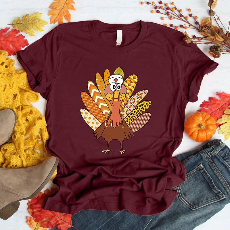 Funny Nurse Turkey Thanksgiving T-Shirt for Women Cute Fall Nurse Holiday Tee Colorful Turkey Design Hoodie, Sweatshirt