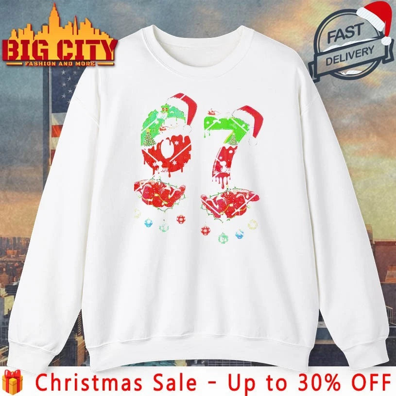 Funny Six Seven 67 Meme 6 7 Christmas Santa Hand shirt
