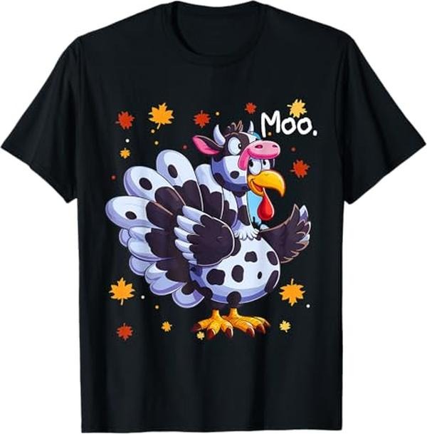 Funny Thanksgiving Shirts, Thanksgiving Fake Turkey Moo Cow Head Funny Fall T-Shirt