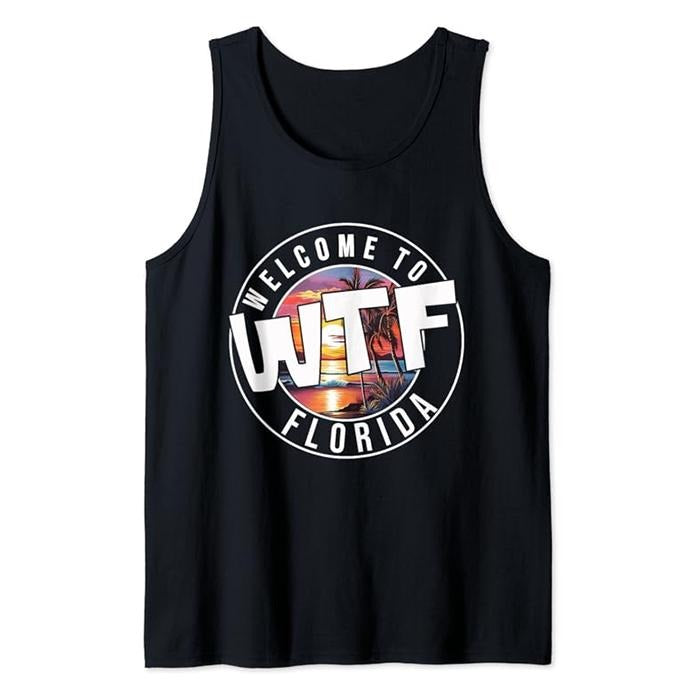 Funny Vacation Tank Top, WTF Welcome To Florida Funny Vintage Sunset Beach Tank Top Unisex Classic Cotton