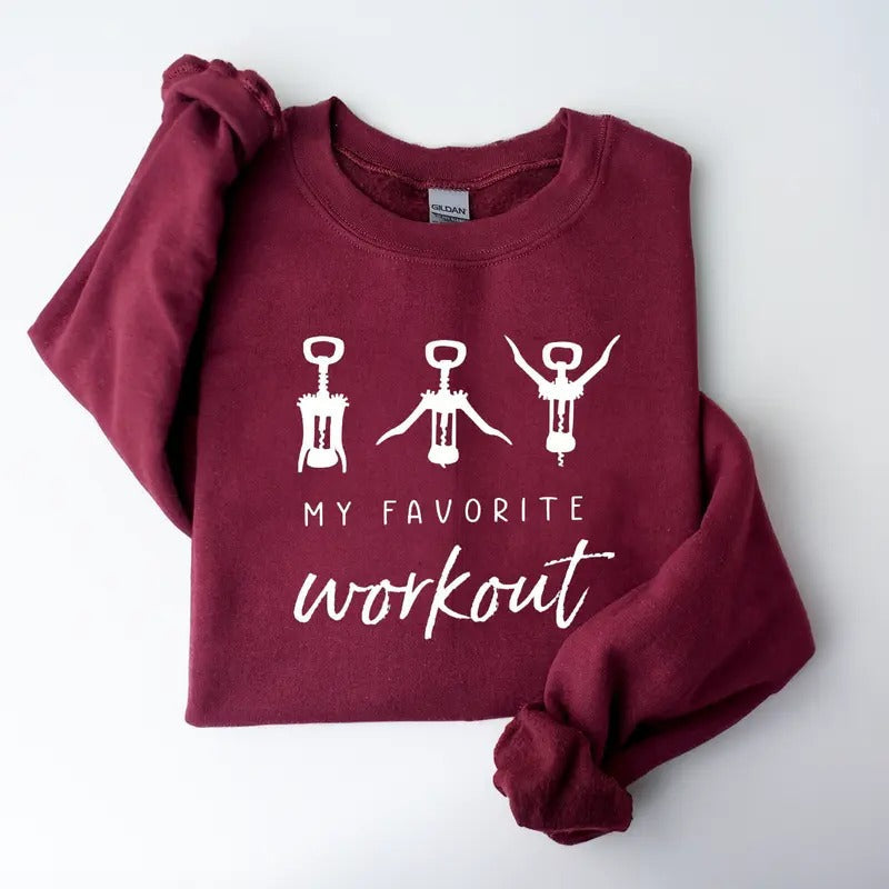 Funny Wine Sweatshirt, My Favorite Workout Pullover, Corkscrew Graphic Crewneck for Wine Lovers, Gift for Her T-Shirts,...