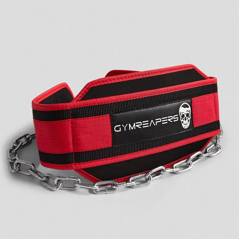 GYMREAPERS Dip Belt with Back Support and Heavy-Duty Steel Chain for Weighted Dips, Chin-Ups, and Pull-Ups - Red...