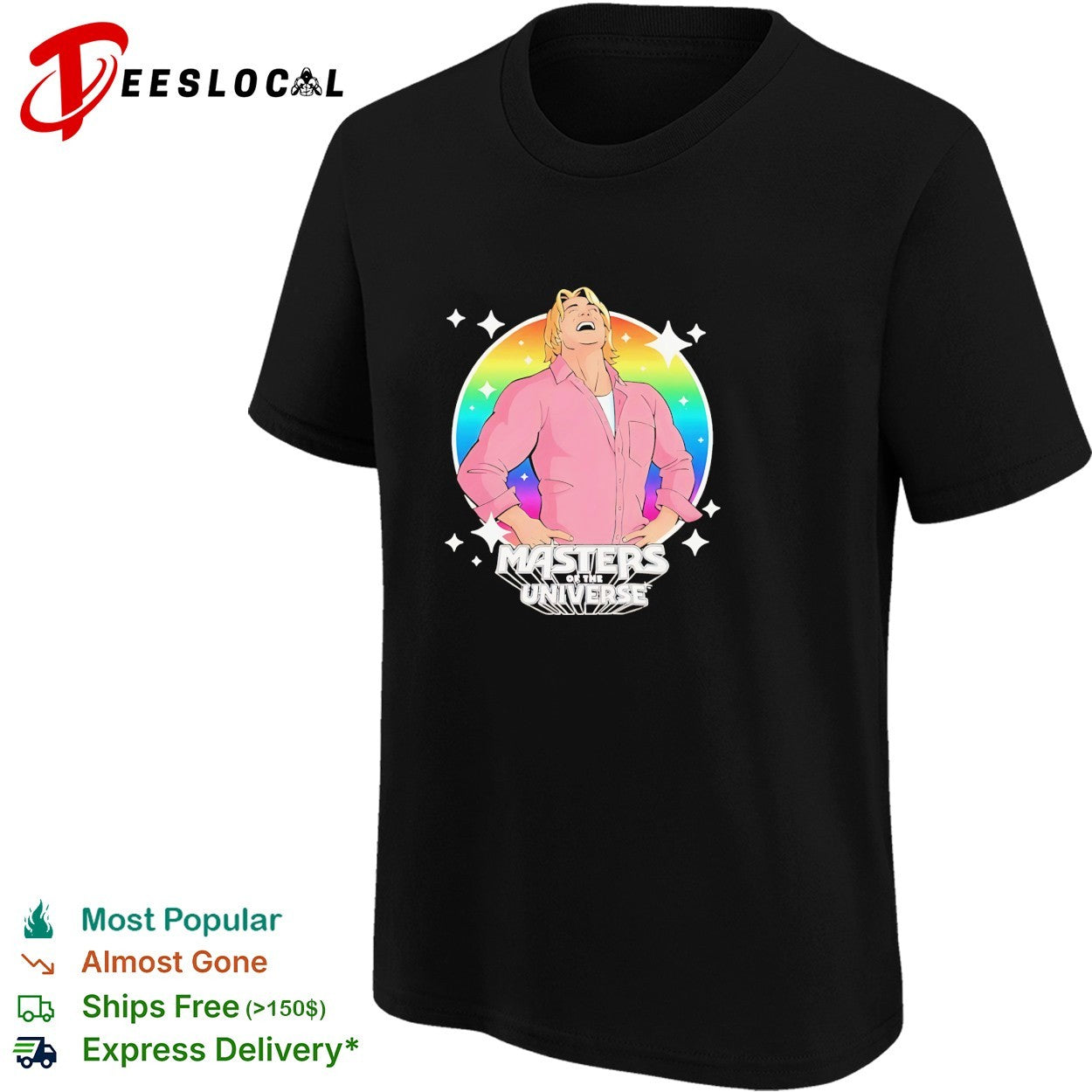 Gay man laughing Masters of the universe rainbow shirt
