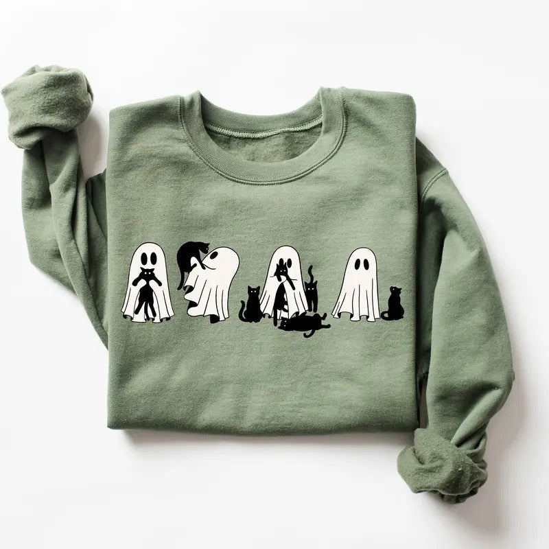 Ghost Cat Sweatshirt Ghost Cat Tshirt Halloween Crewneck Ghost Shirt Cat Lover Shirt Cat Tshirt Halloween Shirt Cat Mom...