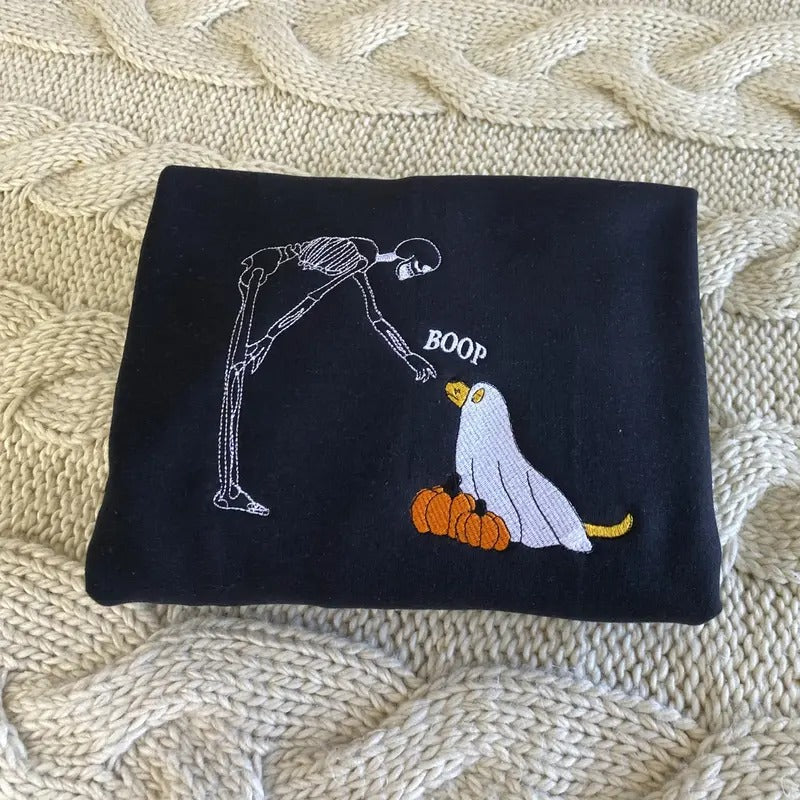 Ghost Dog And Skeleton Halloween Embroidered Sweatshirt - Skeleton Halloween Embroidered Crewneck T-Shirts, Hoodie