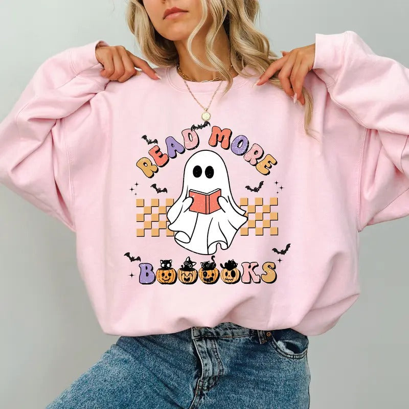 Ghost Read More Books Sweatshirt, Cute Bookish Halloween Sweatshirt For Girls, Reading Boos Teacher Crewneck, Cute...