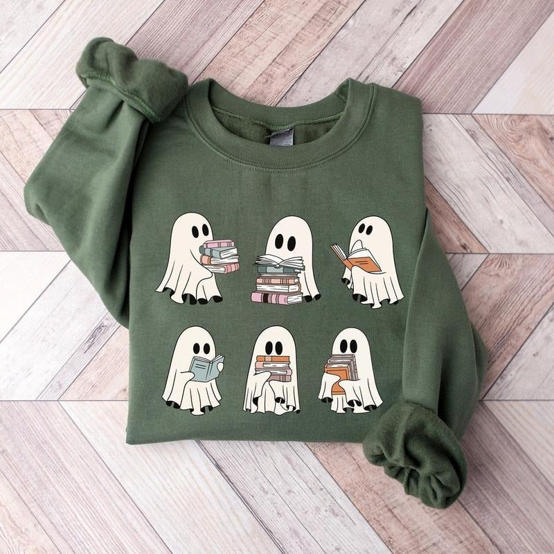 Ghost Reading Books Sweater, Bookish Halloween Sweatshirt, Halloween Teacher Gift, Ghost Crewneck, Librarian Halloween,...