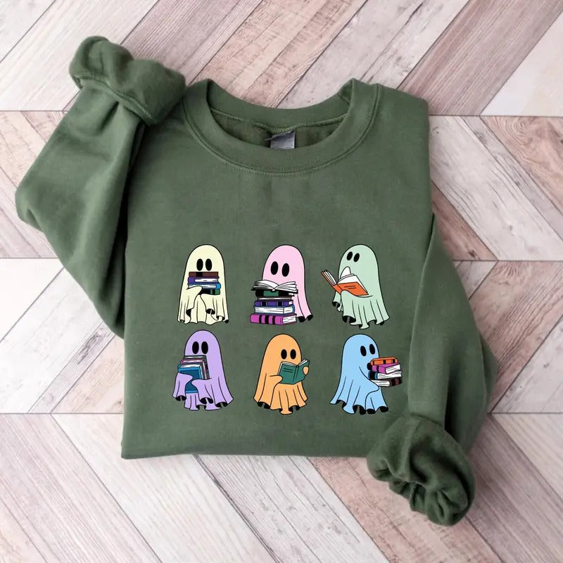 Ghost Reading Books Sweaterghost Sweatshirthalloween Teacher Giftlibrarian Halloween Hoodiehalloween Ghost Hoodie...