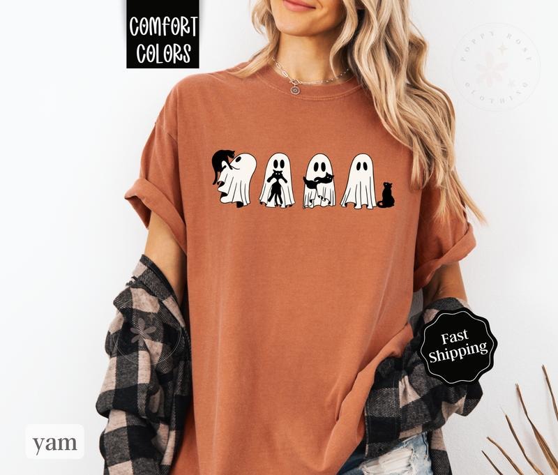 Ghost With Cats Shirt Comfort Colors, Cute Halloween Tee with Ghost, Cat Lover Tshirt for Halloween halloween shirt...