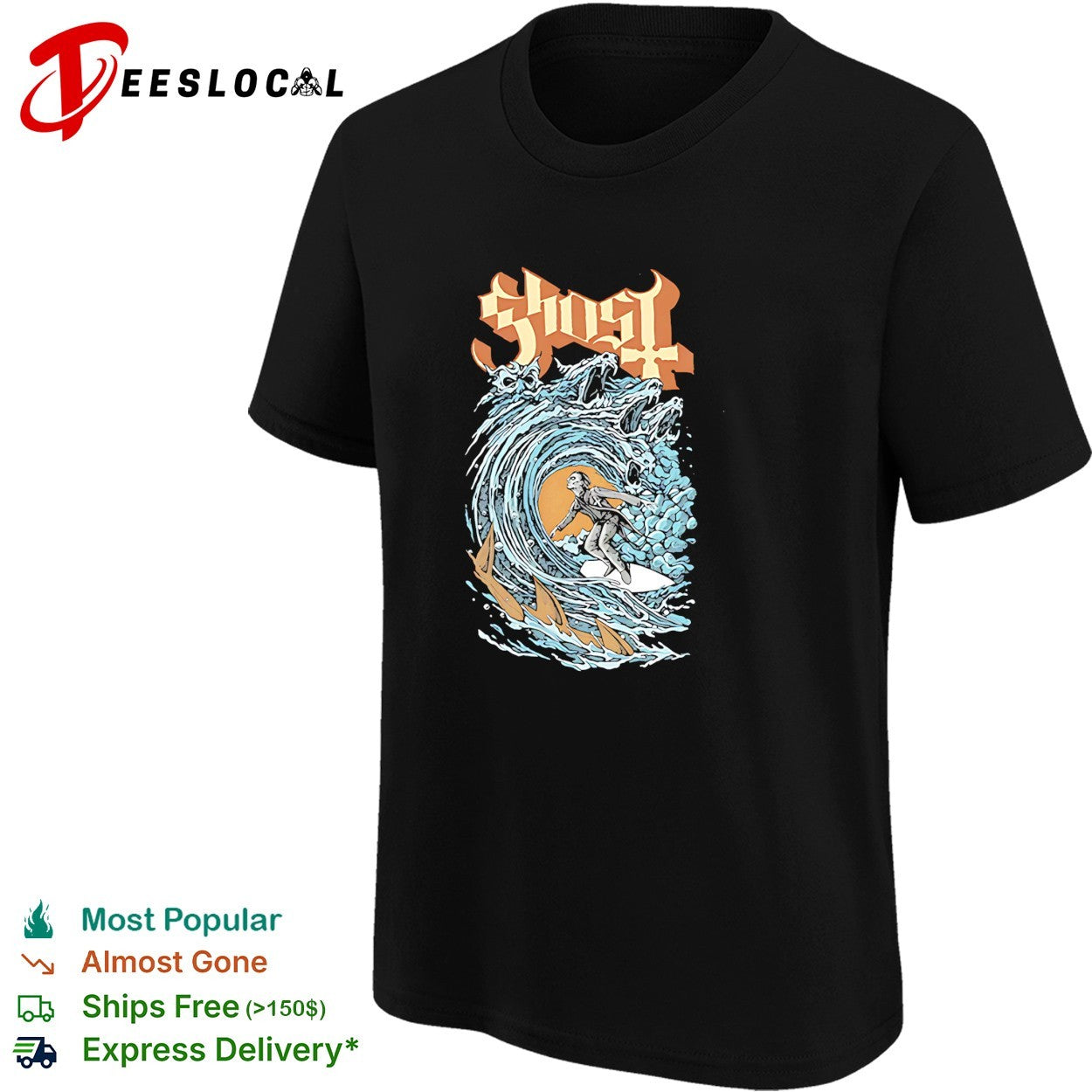 Ghost band surfing skeleton wave shirt