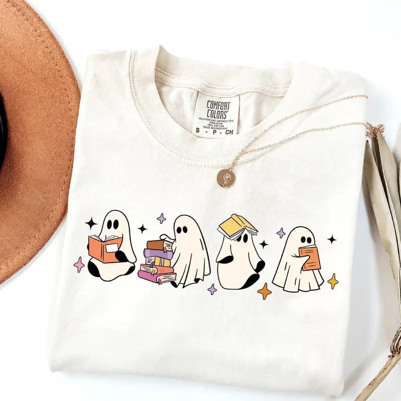 Ghosts Reading Books Shirt, Books Lover Ghost Gift, Cute Little Ghost Shirt, Womens Halloween Shirt, Spooky Season Shirt,...
