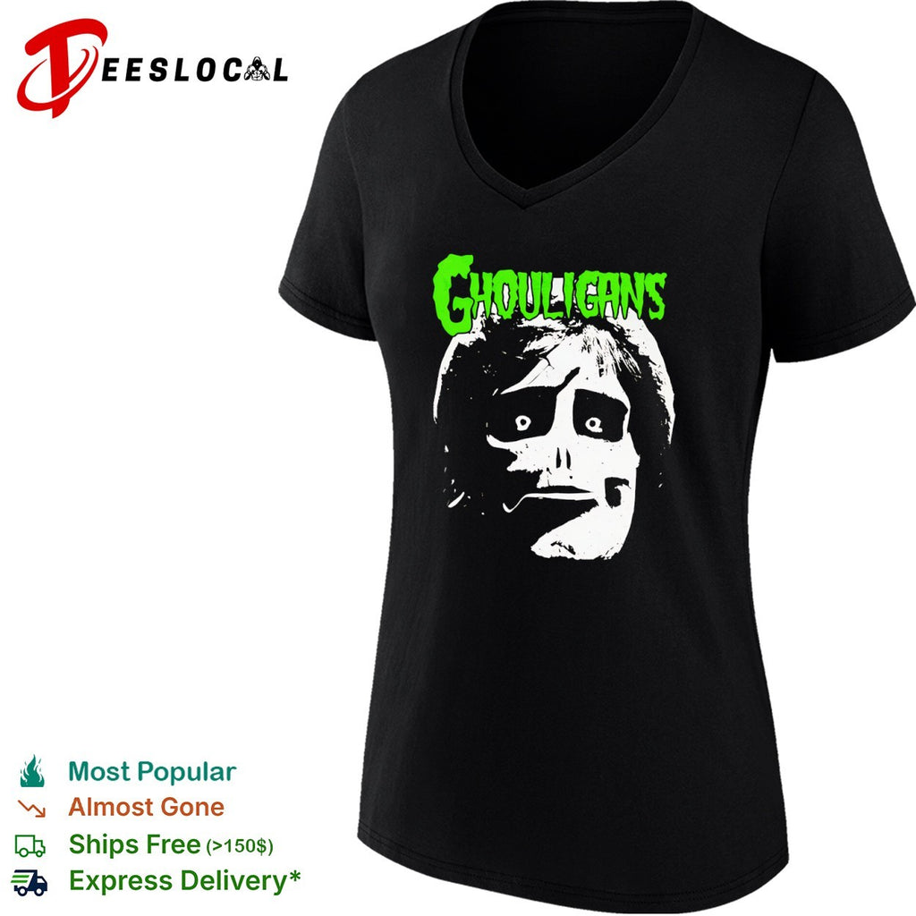 Ghouligans classic horror punk skull face green typography shirt