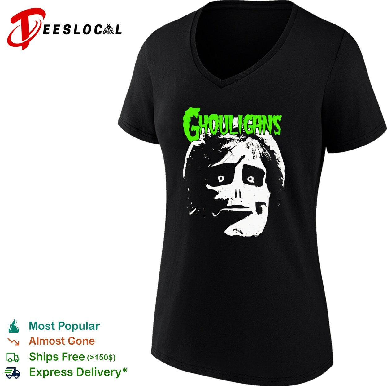 Ghouligans classic horror punk skull face green typography shirt