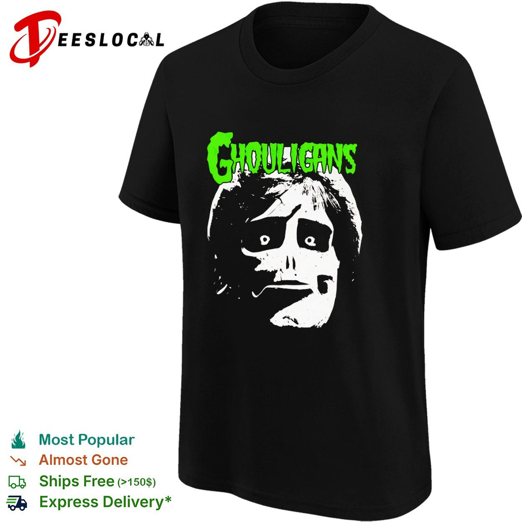 Ghouligans classic horror punk skull face green typography shirt